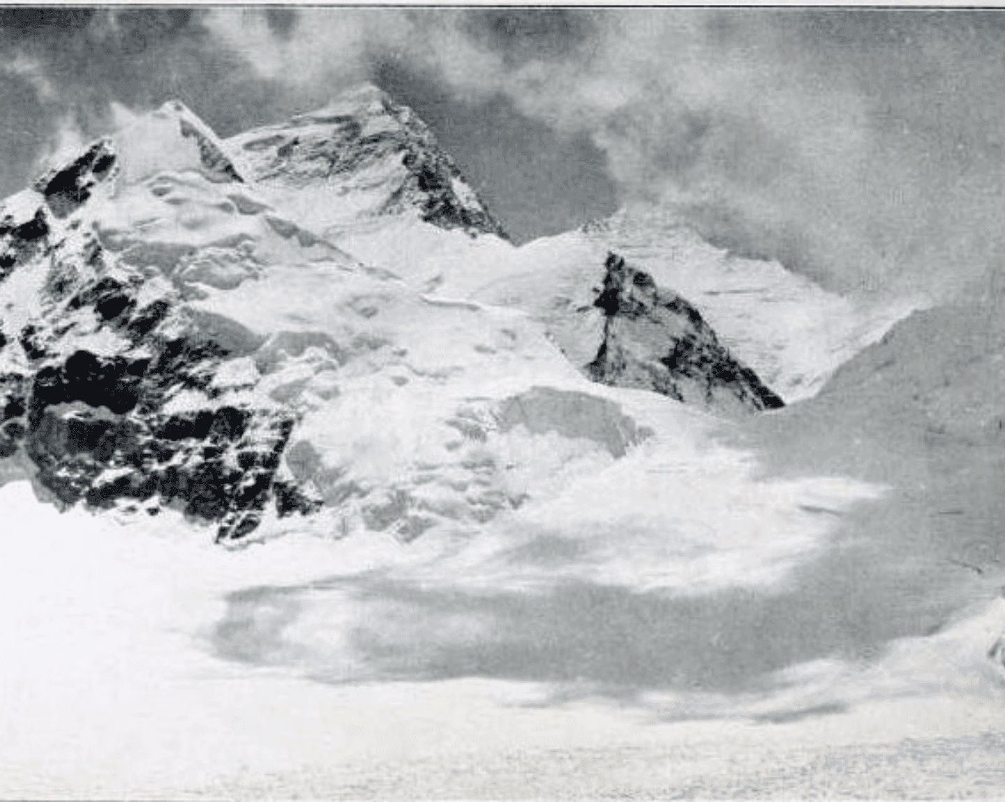 Vista histórica del Everest y el Changtse (1921), tomada por George Mallory