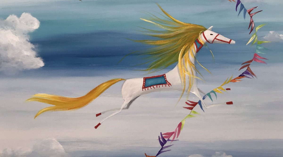 Medicina en la pintura. Conferencias en Murcia | Pintura de un caballo blanco flotando en el cielo